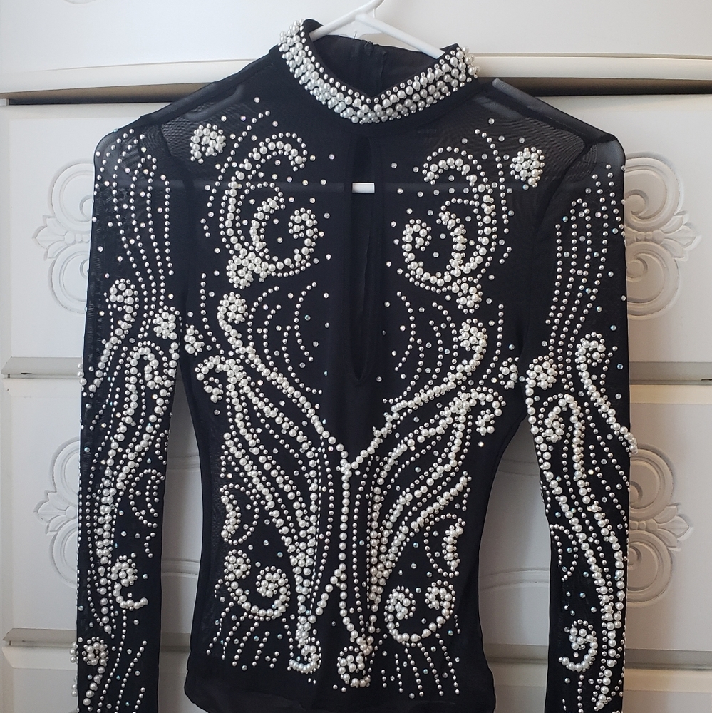 Long sleeved black mesh bodysuit